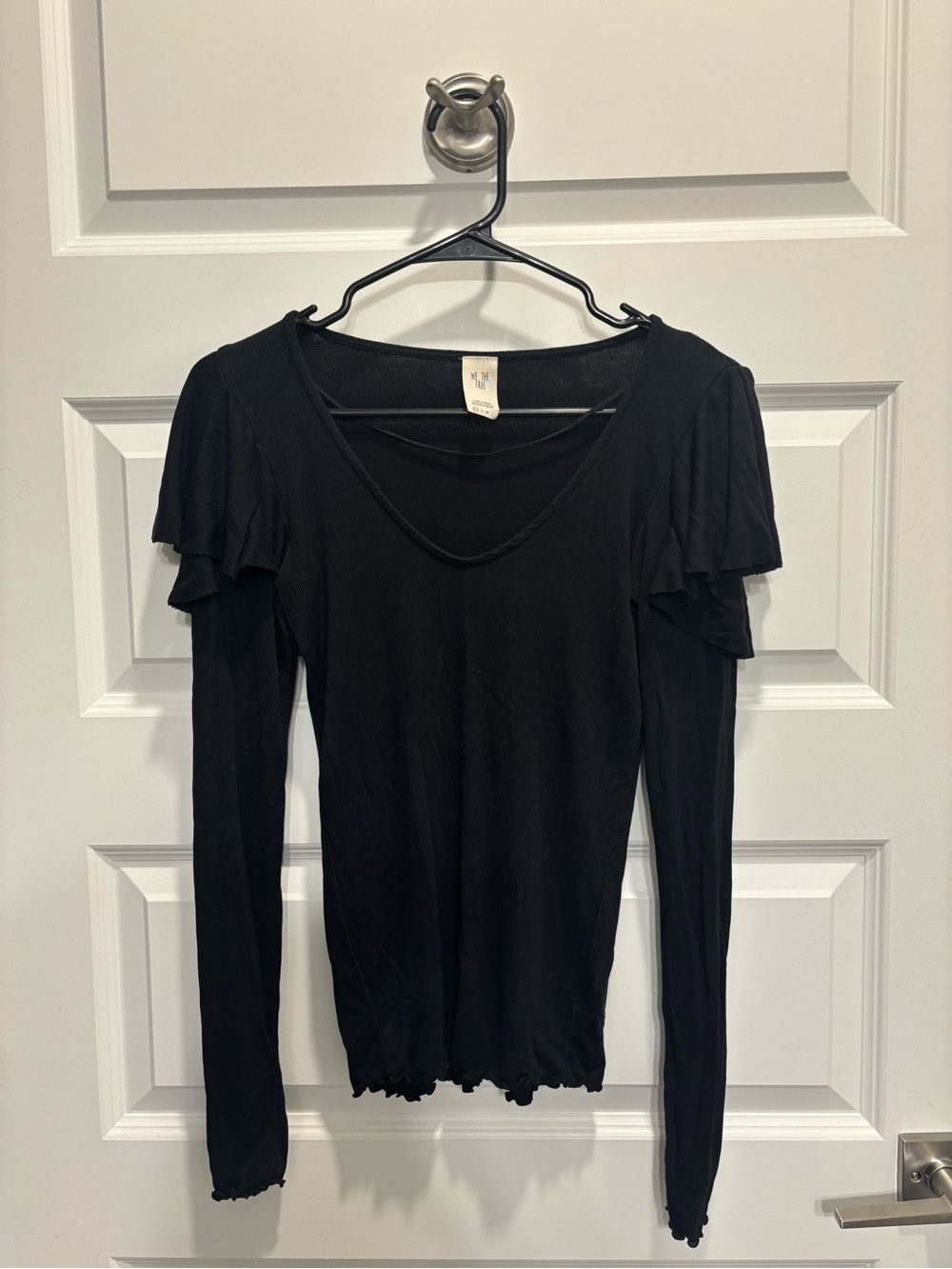 We The Free Black Long Sleeve Ruffle Shoulder Tee